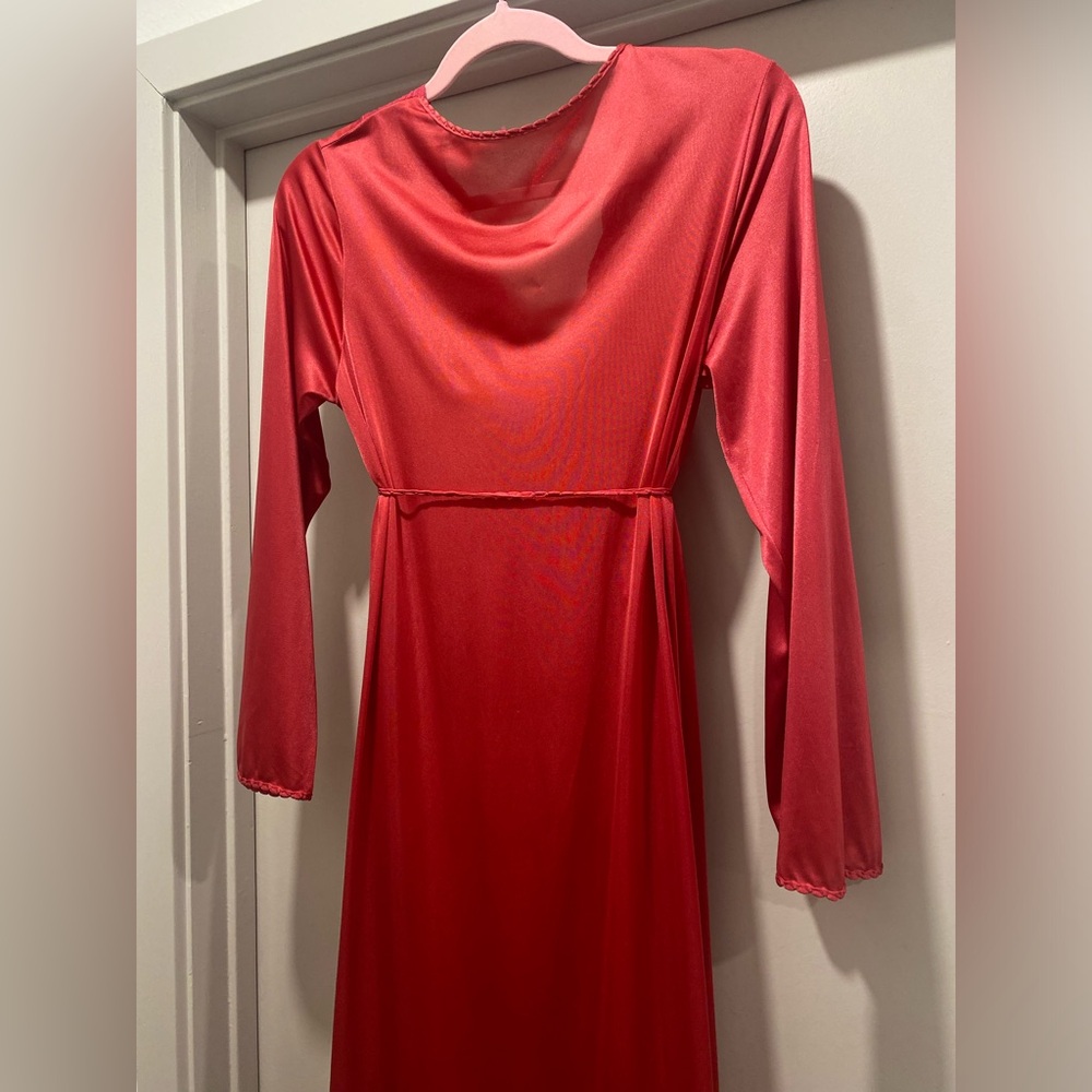 VTG Gilead 70s Fuchsia Hot Pink Deep V-Neck Lace Trim Maxi Wrap Dress Robe - S - Picture 10 of 16